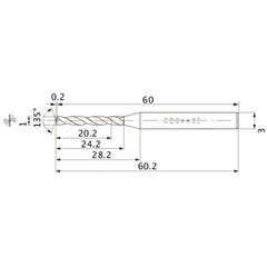 MWS0100X20DB VP15TF 1 mm Dia. × 3 mm Shank × 24.2 mm Flute Length × 60.2 mm OAL, 135°, 2 Flute, Coolant Thru, Solid Carbide Drill