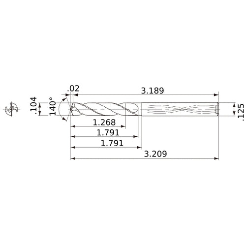 MWS01040XB VP15TF 0.104″ Dia. × 1/8″ Shank × 1.791″ Flute Length × 3.209″ OAL, 140°, 2 Flute, Coolant Thru, Solid Carbide Drill