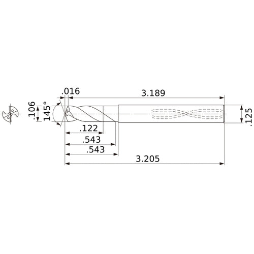 MWS01060SB VP15TF 0.106″ Dia. × 1/8″ Shank × 0.543″ Flute Length × 3.205″ OAL, 145°, 2 Flute, Coolant Thru, Solid Carbide Drill