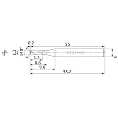 MWS0130SB VP15TF 1.3 mm Dia. × 3 mm Shank × 6.6 mm Flute Length × 55.2 mm OAL, 140°, 2 Flute, Coolant Thru, Solid Carbide Drill