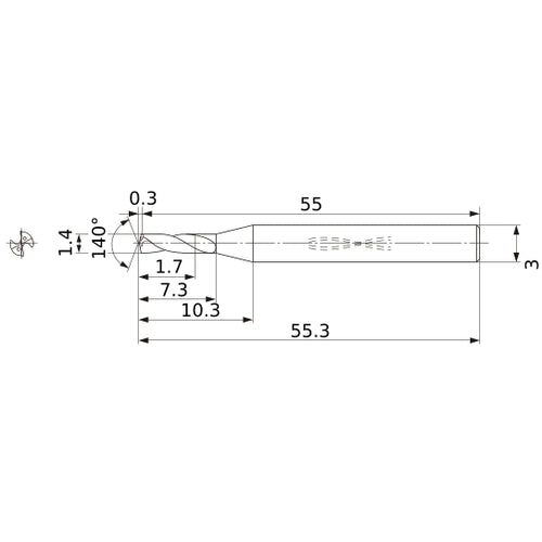 MWS0140SB VP15TF 1.4 mm Dia. × 3 mm Shank × 7.3 mm Flute Length × 55.3 mm OAL, 140°, 2 Flute, Coolant Thru, Solid Carbide Drill
