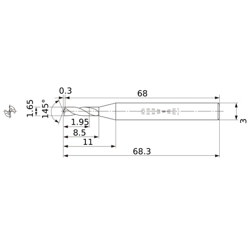 MWS0165SB VP15TF 1.65 mm Dia. × 3 mm Shank × 8.5 mm Flute Length × 68.3 mm OAL, 145°, 2 Flute, Coolant Thru, Solid Carbide Drill
