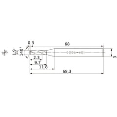 MWS0190SB VP15TF 1.9 mm Dia. × 3 mm Shank × 9.7 mm Flute Length × 68.3 mm OAL, 140°, 2 Flute, Coolant Thru, Solid Carbide Drill