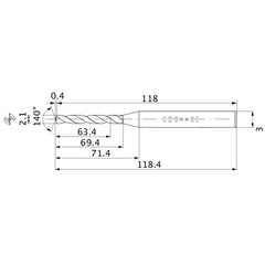MWS0210X30DB VP15TF 2.1 mm Dia. × 3 mm Shank × 69.4 mm Flute Length × 118.4 mm OAL, 140°, 2 Flute, Coolant Thru, Solid Carbide Drill