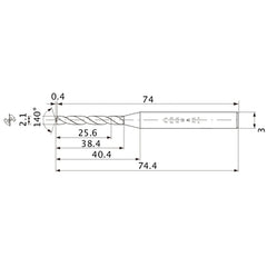 MWS0210XB VP15TF 2.1 mm Dia. × 3 mm Shank × 38.4 mm Flute Length × 74.4 mm OAL, 140°, 2 Flute, Coolant Thru, Solid Carbide Drill