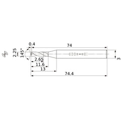 MWS0225SB VP15TF 2.25 mm Dia. × 3 mm Shank × 11.6 mm Flute Length × 74.4 mm OAL, 145°, 2 Flute, Coolant Thru, Solid Carbide Drill