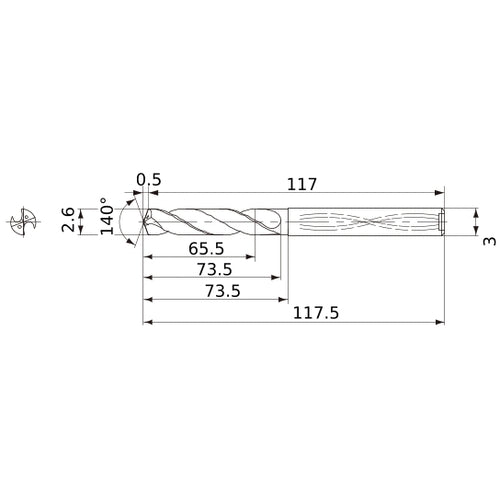MWS0260X25DB VP15TF 2.6 mm Dia. × 3 mm Shank × 73.5 mm Flute Length × 117.5 mm OAL, 140°, 2 Flute, Coolant Thru, Solid Carbide Drill