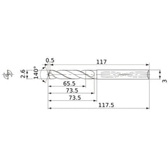 MWS0260X25DB VP15TF 2.6 mm Dia. × 3 mm Shank × 73.5 mm Flute Length × 117.5 mm OAL, 140°, 2 Flute, Coolant Thru, Solid Carbide Drill