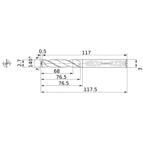 MWS0270X25DB VP15TF 2.7 mm Dia. × 3 mm Shank × 76.5 mm Flute Length × 117.5 mm OAL, 140°, 2 Flute, Coolant Thru, Solid Carbide Drill