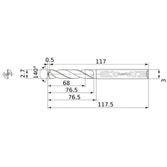 MWS0270X25DB VP15TF 2.7 mm Dia. × 3 mm Shank × 76.5 mm Flute Length × 117.5 mm OAL, 140°, 2 Flute, Coolant Thru, Solid Carbide Drill