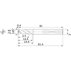 MWS0280SB VP15TF 2.8 mm Dia. × 3 mm Shank × 14.4 mm Flute Length × 81.4 mm OAL, 145°, 2 Flute, Coolant Thru, Solid Carbide Drill