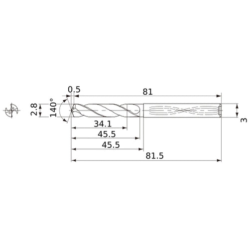 MWS0280XB VP15TF 2.8 mm Dia. × 3 mm Shank × 45.5 mm Flute Length × 81.5 mm OAL, 140°, 2 Flute, Coolant Thru, Solid Carbide Drill