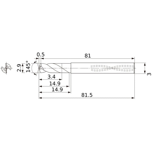 MWS0290SB VP15TF 2.9 mm Dia. × 3 mm Shank × 14.9 mm Flute Length × 81.5 mm OAL, 145°, 2 Flute, Coolant Thru, Solid Carbide Drill
