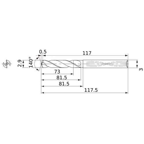 MWS0290X25DB VP15TF 2.9 mm Dia. × 3 mm Shank × 81.5 mm Flute Length × 117.5 mm OAL, 140°, 2 Flute, Coolant Thru, Solid Carbide Drill