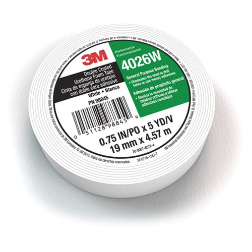 3M Double Coated Urethane Foam Tape 4026W White 1/2″ × 5 yd 62mil - Industrial Tool & Supply
