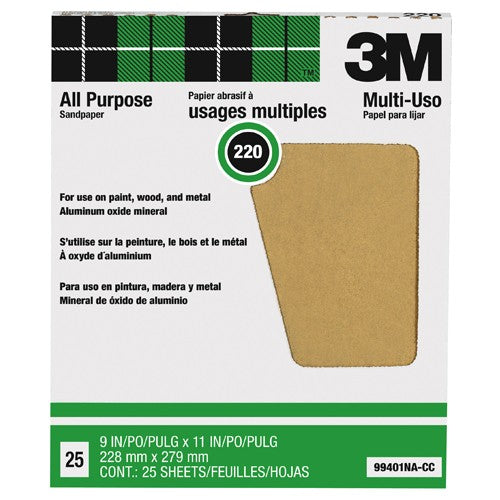3M Aluminum Oxide Sandpaper 99401NA-M 9″ × 11″ 220 grit - Industrial Tool & Supply