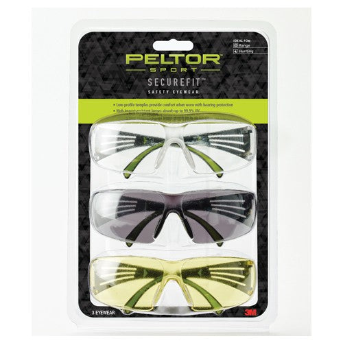 ‎Peltor Sport SecureFit Safety Eyewear SF400-P3PK-6 3 Pack: Clear + Amber + Gray Lenses AF - Industrial Tool & Supply