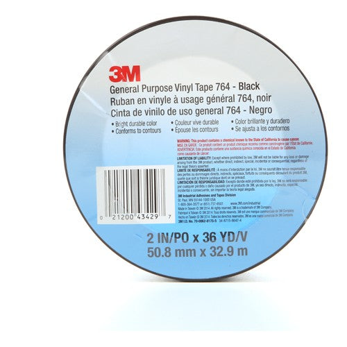 3M General Purpose Vinyl Tape 764 Black 2″ × 36 yd 5 mil Individually Wrapped Conveniently Packaged - Industrial Tool & Supply