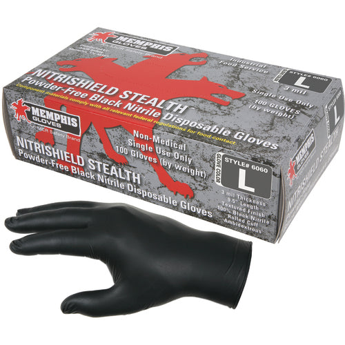 NitriSheild Stealth Gloves - 3 mil Black Nitrile - Industrial/Food Grade - Powder Free - Box of 100 - Size Large - Industrial Tool & Supply