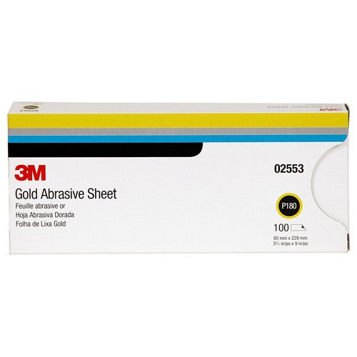 3M Gold Abrasive Sheet 02553 P180 grade 3 2/3″ × 9″ 100 sheets per sleeve - Industrial Tool & Supply