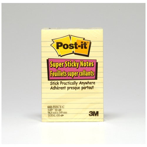 ‎Post-it Super Sticky Notes 660-5SSCY 4″ × 6″ (10.16 cm × 15.24 cm) Canary Yellow lined - Exact Industrial Supply