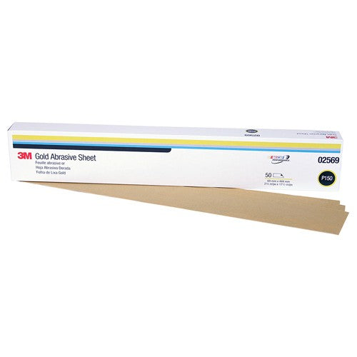 3M Gold Abrasive Sheet 02569 P150 grade 2 3/4″ × 17 1/2″ 50 sheets per sleeve - Industrial Tool & Supply