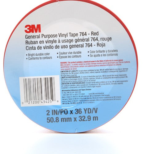3M General Purpose Vinyl Tape 764 Red 2″ × 36 yd 5 mil Individually Wrapped Conveniently Packaged - Industrial Tool & Supply