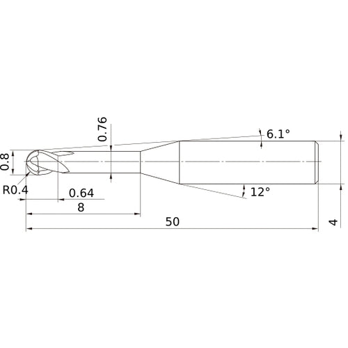 0.8 mm Dia. × 4 mm Shank × 0.64 mm DOC × 50 mm OAL, Carbide Impact Miracle, 2 Flute, 30° Helix, Ballnose End Mill VF2XLBR0040N080S04