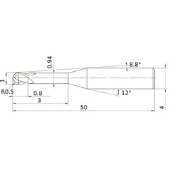 1 mm Dia. × 4 mm Shank × 0.8 mm DOC × 50 mm OAL, Carbide Impact Miracle, 2 Flute, 30° Helix, Ballnose End Mill VF2XLBR0050N030S04