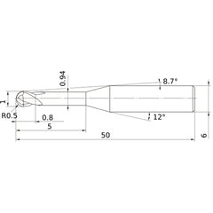 1 mm Dia. × 6 mm Shank × 0.8 mm DOC × 50 mm OAL, Carbide Impact Miracle, 2 Flute, 30° Helix, Ballnose End Mill VF2XLBR0050N050S06