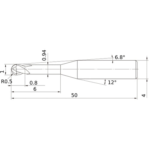 1 mm Dia. × 4 mm Shank × 0.8 mm DOC × 50 mm OAL, Carbide Impact Miracle, 2 Flute, 30° Helix, Ballnose End Mill VF2XLBR0050N060S04