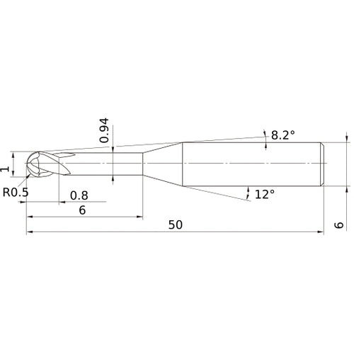 1 mm Dia. × 6 mm Shank × 0.8 mm DOC × 50 mm OAL, Carbide Impact Miracle, 2 Flute, 30° Helix, Ballnose End Mill VF2XLBR0050N060S06