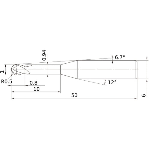 1 mm Dia. × 6 mm Shank × 0.8 mm DOC × 50 mm OAL, Carbide Impact Miracle, 2 Flute, 30° Helix, Ballnose End Mill VF2XLBR0050N100S06