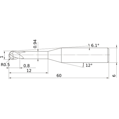 1 mm Dia. × 6 mm Shank × 0.8 mm DOC × 60 mm OAL, Carbide Impact Miracle, 2 Flute, 30° Helix, Ballnose End Mill VF2XLBR0050N120S06