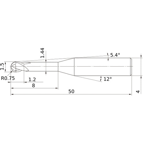 1.5 mm Dia. × 4 mm Shank × 1.2 mm DOC × 50 mm OAL, Carbide Impact Miracle, 2 Flute, 30° Helix, Ballnose End Mill VF2XLBR0075N080S04