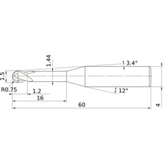 1.5 mm Dia. × 4 mm Shank × 1.2 mm DOC × 60 mm OAL, Carbide Impact Miracle, 2 Flute, 30° Helix, Ballnose End Mill VF2XLBR0075N160S04