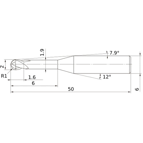 2 mm Dia. × 6 mm Shank × 1.6 mm DOC × 50 mm OAL, Carbide Impact Miracle, 2 Flute, 30° Helix, Ballnose End Mill VF2XLBR0100N060S06
