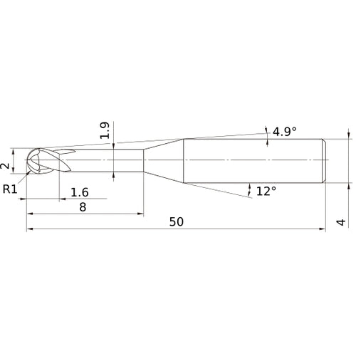 2 mm Dia. × 4 mm Shank × 1.6 mm DOC × 50 mm OAL, Carbide Impact Miracle, 2 Flute, 30° Helix, Ballnose End Mill VF2XLBR0100N080S04