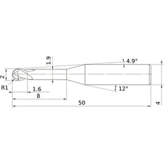 2 mm Dia. × 4 mm Shank × 1.6 mm DOC × 50 mm OAL, Carbide Impact Miracle, 2 Flute, 30° Helix, Ballnose End Mill VF2XLBR0100N080S04