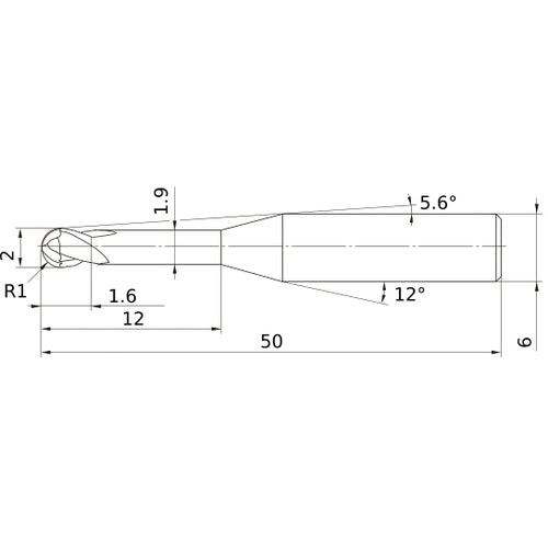 2 mm Dia. × 6 mm Shank × 1.6 mm DOC × 50 mm OAL, Carbide Impact Miracle, 2 Flute, 30° Helix, Ballnose End Mill VF2XLBR0100N120S06