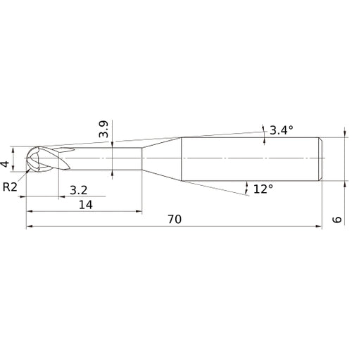 4 mm Dia. × 6 mm Shank × 3.2 mm DOC × 70 mm OAL, Carbide Impact Miracle, 2 Flute, 30° Helix, Ballnose End Mill VF2XLBR0200N140S06