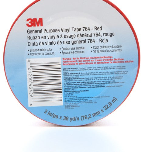 3M General Purpose Vinyl Tape 764 Red 3″ × 36 yd 5 mil Individually Wrapped Conveniently Packaged - Industrial Tool & Supply