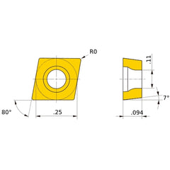 CCET 21.5 L-SN VP15TF, 0 mm Corner Radius, 2.38 mm Thick, 6.35 mm Inscribed Circle, Turning Indexable Insert
