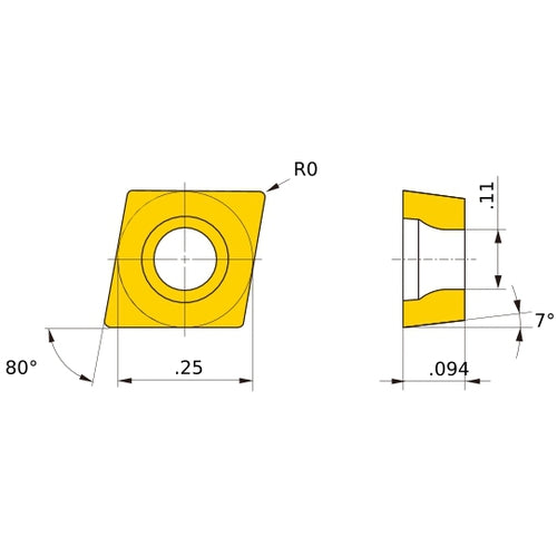 CCET 21.5 L-SN NX2525, 0 Corner Radius, 3/32″ Thick, 1/4″ Inscribed Circle, Turning Indexable Insert