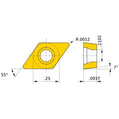 DCET 21.5 L-SN VP15TF, 0.03 mm Corner Radius, 2.38 mm Thick, 6.35 mm Inscribed Circle, Turning Indexable Insert