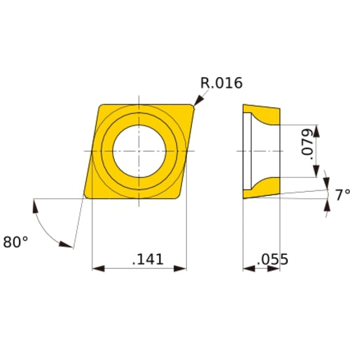 CCGW 03S104 flat_top BC8105, 0.4 mm Corner Radius, 1.39 mm Thick, 3.57 mm Inscribed Circle, Turning Indexable Insert