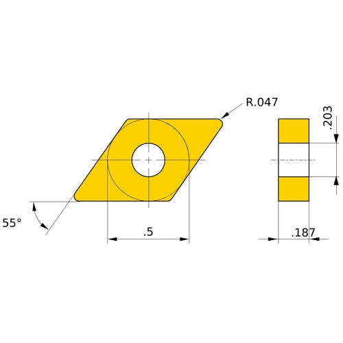 DNGA 433 flat_top MB4020, 1.2 mm Corner Radius, 4.76 mm Thick, 12.7 mm Inscribed Circle, Turning Indexable Insert