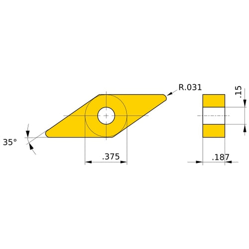 VNGA 332 flat_top MBC020, 0.8 mm Corner Radius, 4.76 mm Thick, 9.525 mm Inscribed Circle, Turning Indexable Insert