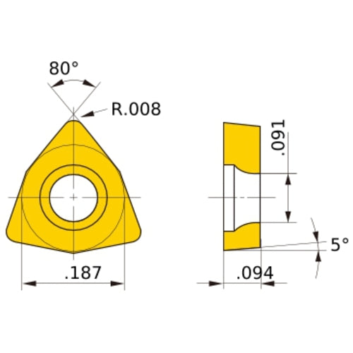 WBMT 1.51.50.5 R-MV MP3025, 0.2 mm Corner Radius, 2.38 mm Thick, 4.76 mm Inscribed Circle, Turning Indexable Insert