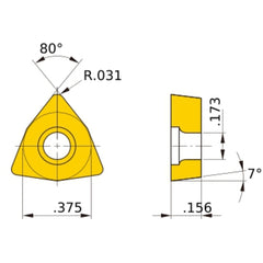 WCGT 32.52 MJ-P RT9005, 0.8 mm Corner Radius, 3.97 mm Thick, 9.525 mm Inscribed Circle, Turning Indexable Insert